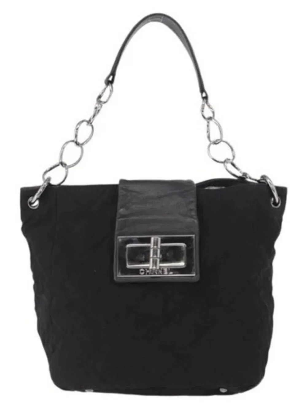 CHANEL Chain 2.55 Shoulder Bag Nylon Black Silver CC Auth 164361